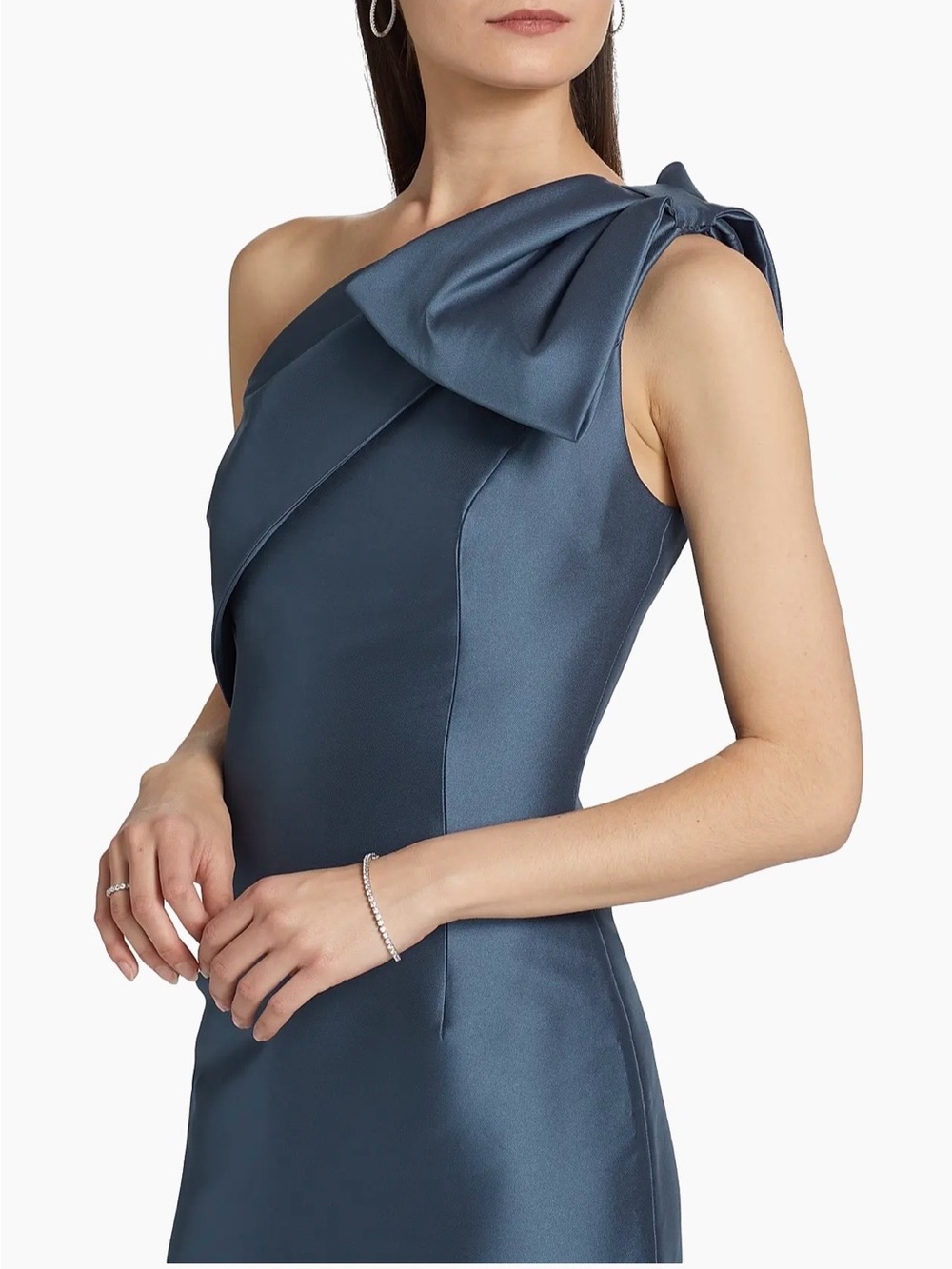 Sachin + Babi One-Shoulder Slate Blue Satin Dress with Shoulder Bow